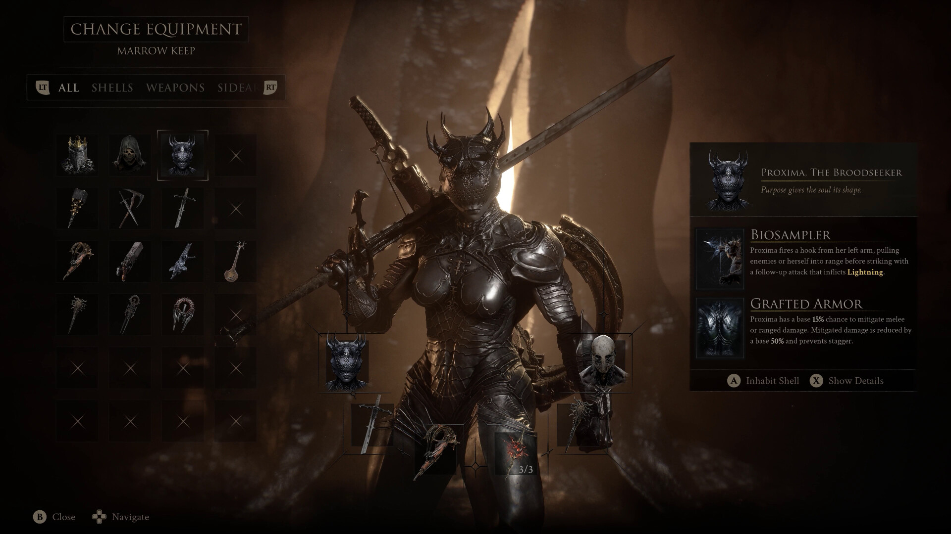 Mortal Shell II gameplay screenshot showing the Change Equipment menu with shell, weapon and sidearm tabs