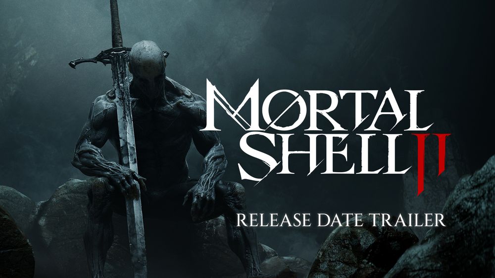 Mortal Shell II key art: a hooded warrior in worn armor standing in a dark corrupted scene