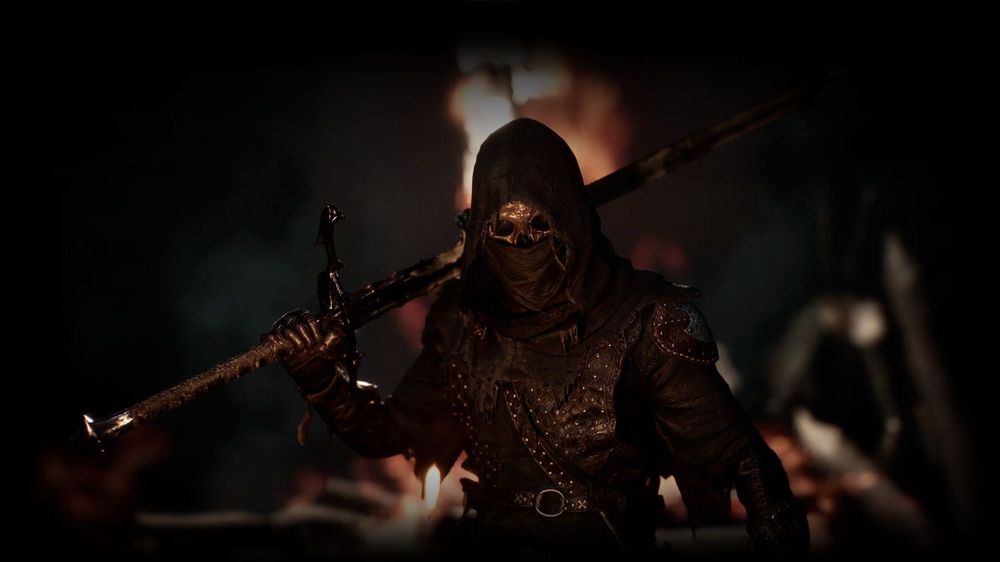 Mortal Shell II key art: an armored figure in a helmet, centered against a dark background